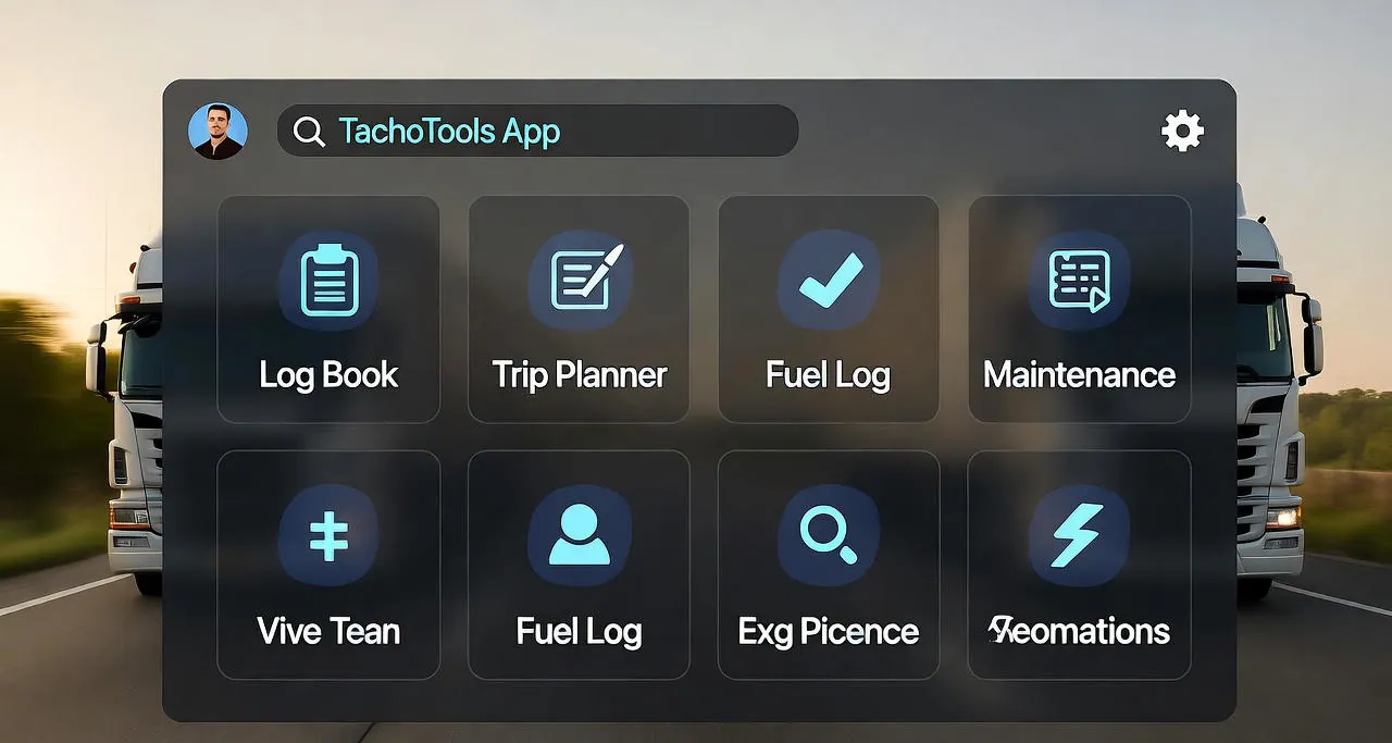 TachoTools mobile Oberfläche mit kontrastreichem Dashboard für LKW-Fahrer